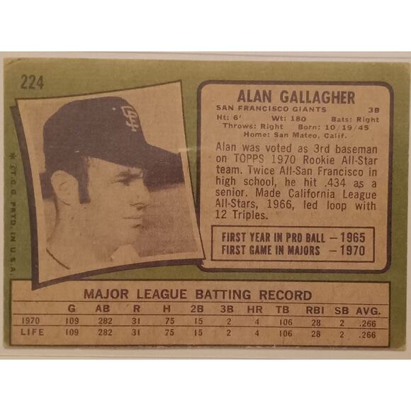 1971 Topps Baseball Alan Gallagher Rookie Card No. 224 - Picture 3 of 4